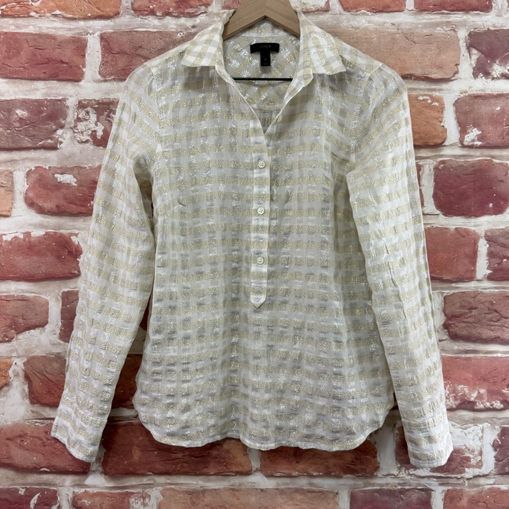 J Crew Top Women's 4 White Gold Silver Metallic Plaid Seersucker Popover Shirt
